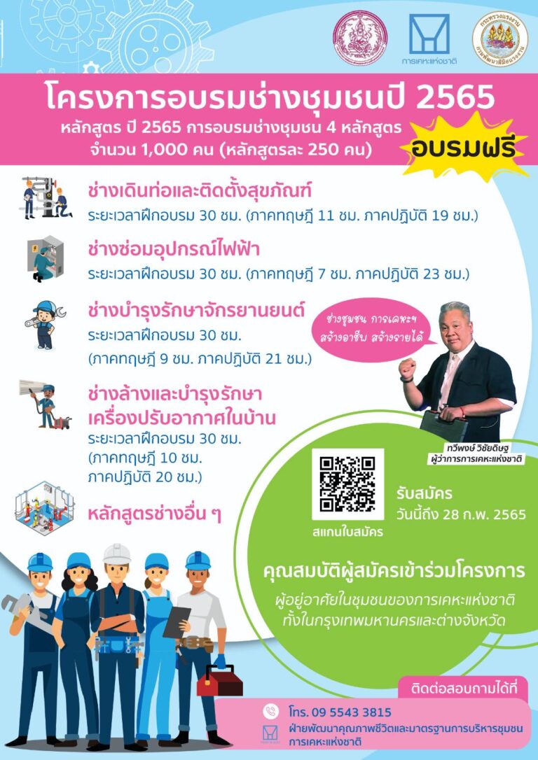 อบรมฟรี! “การเคหะแห่งชาติ” เปิดรับสมัครผู้เข้าร่วม “โครงการอบรมช่างชุมชน” หลักสูตรปี 2565 กว่า 1,000 คน ตั้งเป้าสร้างงาน สร้างอาชีพ ให้ผู้อยู่อาศัยในชุมชน ด่วน! หมดเขต 28 ก.พ.นี้