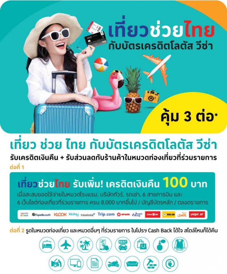 เที่ยว ช่วย ไทย กับบัตรเครดิตโลตัส คุ้ม 3 ต่อ* รับเครดิตเงินคืน+ส่วนลดกับร้านค้าที่ร่วมรายการ