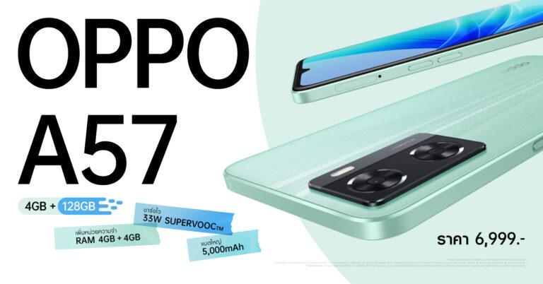 ออปโป้วางจำหน่าย OPPO A57 รุ่น RAM 4GB + ROM 128 GBสมาร์ตโฟน RAM และ ROM ใหญ่ มาพร้อม RAM Expansion เพิ่มหน่วยความจำได้มากถึง 4GBตั้งแต่วันที่ 15 กรกฎาคมเป็นต้นไป ในราคาเพียง 6,999 บาท