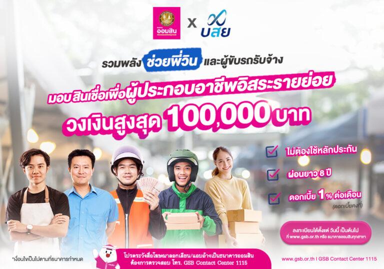 ออมสิน รวมพลัง บสย. เสริมสภาพคล่องพี่วิน ผู้ขับรถรับจ้าง ประกอบอาชีพอิสระออกสินเชื่อเพื่อผู้ประกอบอาชีพอิสระรายย่อย ไม่ต้องมีหลักประกันและบุคคลค้ำให้กู้รายละไม่เกิน 1 แสนบาท ดอกเบี้ยร้อยละ 1 ต่อเดือน เปิดกู้แล้ววันนี้