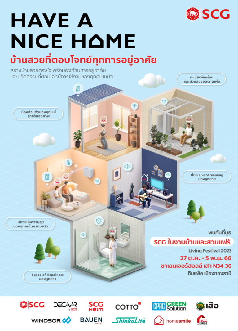 เอสซีจี ชวนปรับปรุง ต่อเติมบ้าน “Have a Nice Home กับ SCG”พบนวัตกรรมสินค้า โซลูชัน เพื่อการอยู่อาศัยที่สะดวกสบาย คุ้มค่า ปลอดภัยในงานบ้านและสวนแฟร์ 2023