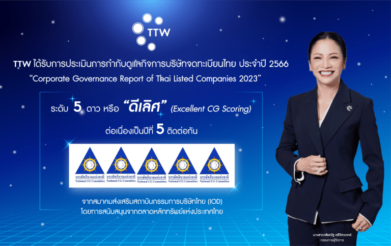 TTW ได้รับการประเมินการกำกับดูแลกิจการบริษัทจดทะเบียนไทย ประจำปี 2566ในระดับ “ดีเลิศ” (Excellent) ต่อเนื่องเป็นปีที่ 5 ติดต่อกัน