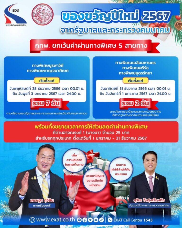 กทพ. มอบของขวัญปีใหม่ประชาชนตามนโยบายของรัฐบาล และกระทรวงคมนาคมโดยการยกเว้นค่าผ่านทางพิเศษ และขยายเวลาการให้ส่วนลดค่าผ่านทาง