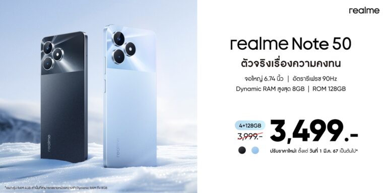 ลดใหญ่เอาใจสายบัดเจ็ต! realme ปรับราคาท้าร้อน<br>“realme Note 50” เหลือเพียง 3,499 บาท<br>ที่ศูนย์จำหน่ายมือถือชั้นนำและ realme Brand shop ทุกสาขาทั่วประเทศ