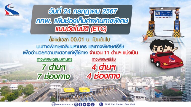 วันที่ 24 กรกฎาคม 2567 กทพ. เพิ่มช่องเก็บค่าผ่านทางพิเศษแบบอัตโนมัติ (ETC) บนทางพิเศษเฉลิมมหานคร และทางพิเศษศรีรัช เพื่ออำนวยความสะดวกแก่ผู้ใช้ทาง