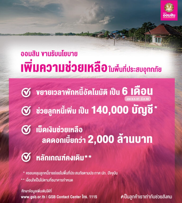 ออมสิน ช่วยลูกหนี้รับมือน้ำท่วมซ้ำเติมอีกระลอก ให้ขยายเวลาพักหนี้ออโต้จาก 3 เดือน เป็น 6 เดือนเพิ่มชื่อผู้ได้รับสิทธิ์พักหนี้เป็น 140,000 บัญชี หลังรัฐประกาศพื้นที่ประสบภัยล่าสุด 5,515 หมู่บ้าน