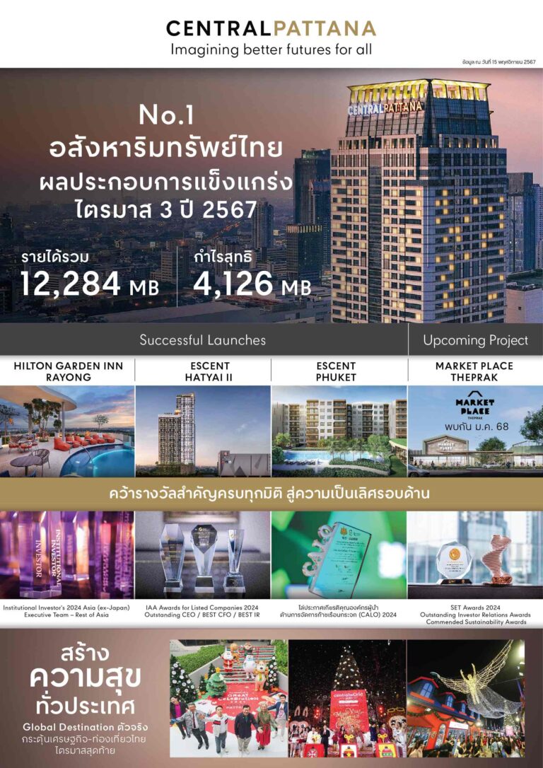 เซ็นทรัลพัฒนา โชว์ผลประกอบการไตรมาส 3 ปี 67 แข็งแกร่ง รายได้รวม 12,284 ล้านบาท กำไรสุทธิ 4,126 ล้านบาท
