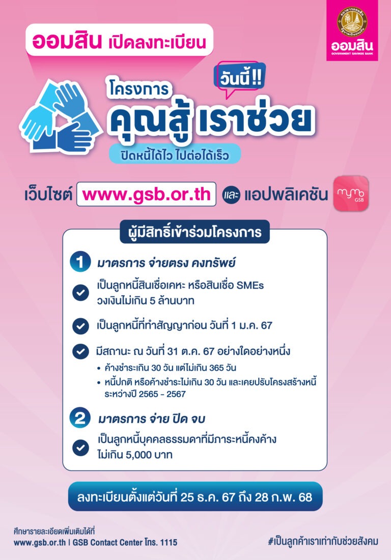 ออมสิน เปิดลงทะเบียนโครงการ “คุณสู้ เราช่วย” แล้ววันนี้ ผ่านเว็บไซต์ของธนาคาร www.gsb.or.th และแอปพลิเคชัน MyMo