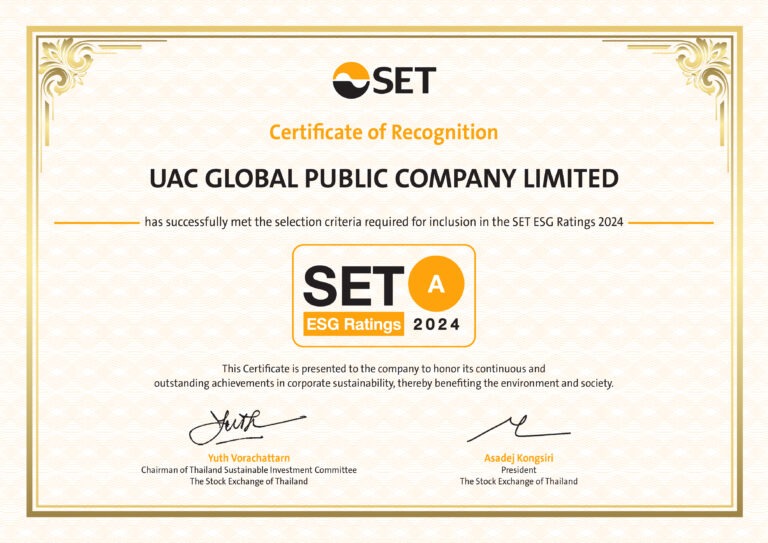 UAC คว้าผลประเมินหุ้นยั่งยืน SET ESG Rating ปี 2567 ระดับ “A” ตอกย้ำมาตรฐานการกำกับดูแลกิจการที่ดี พัฒนาองค์กรสู่การเติบโตอย่างยั่งยืน