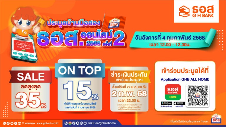 ธอส. จัดงานประมูลขายบ้านมือสองออนไลน์ ครั้งที่ 2/2568 ประจำเดือนกุมภาพันธ์พบทรัพย์เด่นทำเลดีมากกว่า 1,400 รายการ ลดราคาสูงสุดถึง 35% บวก On Top อีก 15%วันอังคารที่ 4 กุมภาพันธ์ 2568 ผ่าน Application : GHB ALL HOME