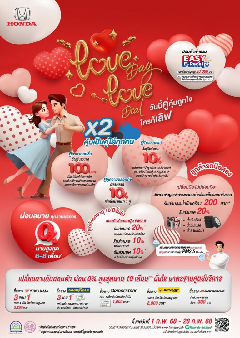ฮอนด้า ส่งแคมเปญมอบความรักความห่วงใย ตลอด ก.พ. 2568 มอบส่วนลดพิเศษ 10% เมื่อลูกค้าซื้ออะไหล่หรือผลิตภัณฑ์แบบคู่* พร้อมมอบส่วนลดไส้กรองอากาศให้ลูกค้ารถฮอนด้าอายุ 10 ปีขึ้นไป เพื่อลดปัญหาฝุ่น PM2.5