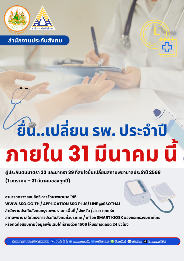 ผู้ประกันตน สนใจเปลี่ยน รพ. ประจำปี 2568 รีบหน่อย ! แนะยื่นผ่านออนไลน์สะดวก ภายใน 31 มี.ค. นี้ เท่านั้น