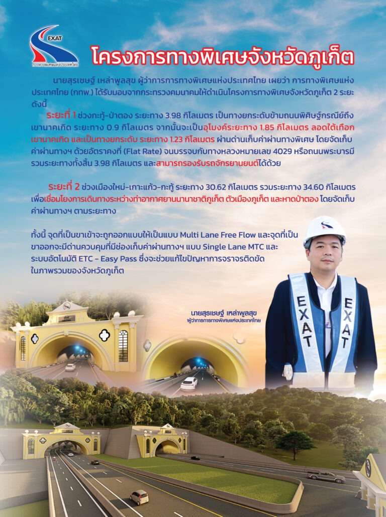 กทพ. ลุยสร้างทางพิเศษภูเก็ตยกระดับคุณภาพชีวิต ลดระยะเวลาเดินทางหนุนท่องเที่ยวและการลงทุนภาคใต้