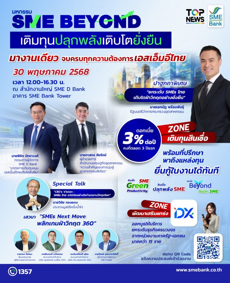 SME D Bank จัดใหญ่มหกรรม “SME BEYOND เติมทุนปลุกพลังเติบโตยั่งยืน” 30 พ.ค. นี้ เสิร์ฟสินเชื่อพิเศษหนุนติดตั้งโซลาร์เซลล์ มางานเดียวครบทุกความต้องการเอสเอ็มอีไทย