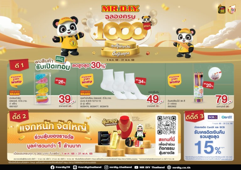 มิสเตอร์. ดี.ไอ.วาย. ปล่อยแคมเปญใหญ่ปี 2568 “ฉลองครบ 1,000 สาขา สุขคุ้มทุกวัน ดีคู่ใจคุณ” แจกของรางวัลมูลค่ารวมกว่า 1 ล้านบาท พร้อมจัดโปรต้อนรับเปิดเทอม