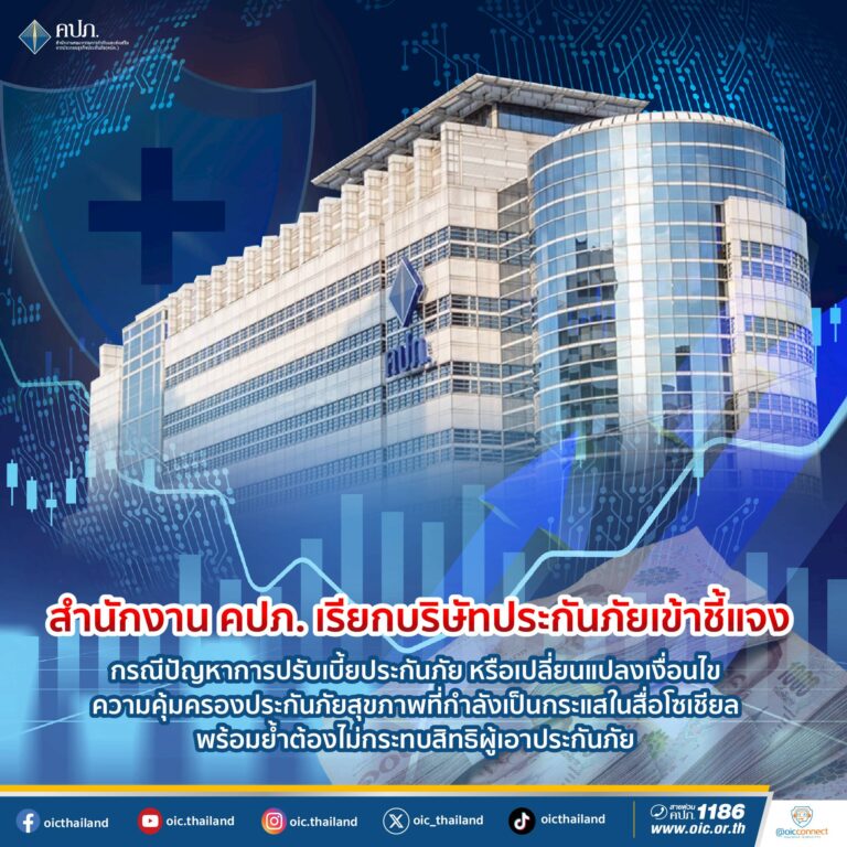 สำนักงาน คปภ. เรียกบริษัทประกันภัยเข้าชี้แจง กรณีปัญหาการปรับเบี้ยประกันภัย หรือเปลี่ยนแปลงเงื่อนไข ความคุ้มครองประกันภัยสุขภาพที่กำลังเป็นกระแสในสื่อโซเชียล พร้อมย้ำต้องไม่กระทบสิทธิผู้เอาประกันภัย