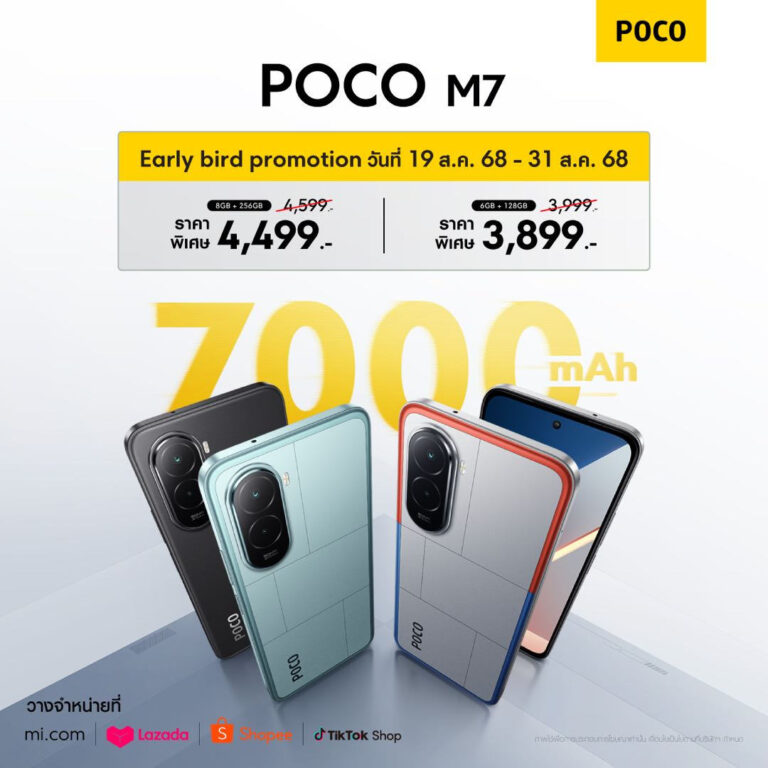 POCO เปิดตัว POCO M7 สมาร์ทโฟนรุ่นใหม่ที่โดดเด่นด้วยแบตเตอรี่ขนาดใหญ่ให้คุณสนุกยิ่งขึ้น ในราคาพิเศษสุดคุ้มเริ่มต้นเพียง 3,899 บาท