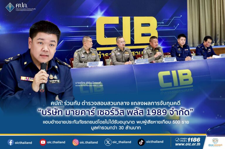 คปภ. ร่วมกับ ตำรวจสอบสวนกลาง แถลงผลการจับกุมคดี “บริษัท มายคาร์ เซอร์วิส พลัส 1989 จำกัด” แอบอ้างขายประกันภัยรถยนต์โดยไม่ได้รับอนุญาต พบผู้เสียหายเกือบ 500 ราย มูลค่ารวมกว่า 30 ล้านบาท