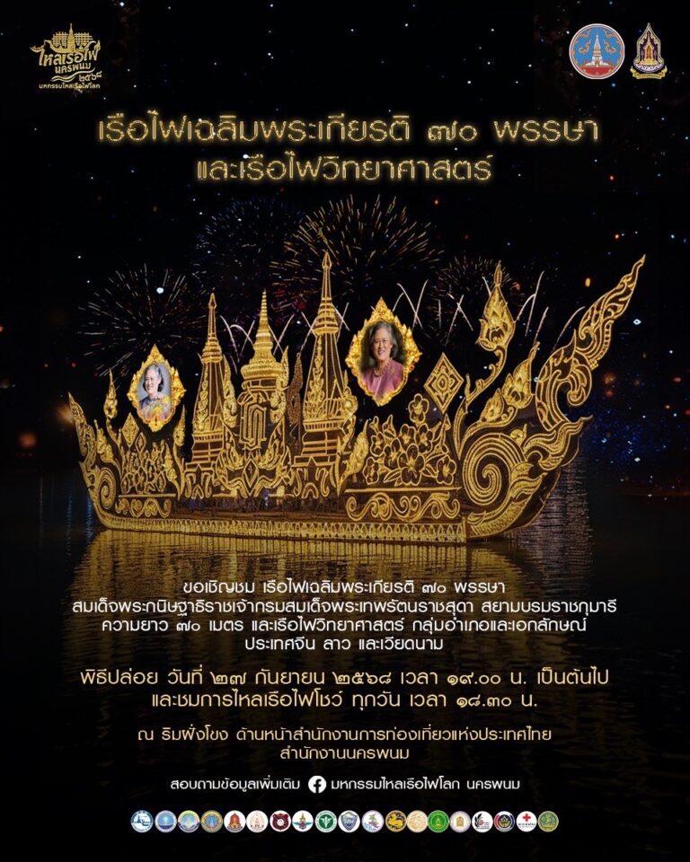 🌟 นครพนมปีนี้จัดงานอย่างยิ่งใหญ่! 🌟ขอเชิญร่วมงาน มหกรรมไหลเรือไฟโลกและงานกาชาด จังหวัดนครพนม 2568ระหว่างวันที่ 27 กันยายน – 8 ตุลาคม รวม 12 วัน 12 คืน แห่งศรัทธาและวัฒนธรรมริมฝั่งโขง