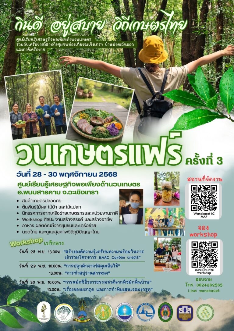 ศูนย์เรียนรู้เศรษฐกิจพอเพียงด้านวนเกษตร (วิสาหกิจชุมชนสวนอยู่สบาย) ร่วมกับเครือข่ายวิสาหกิจชุมชนท่องเที่ยวฉะเชิงเทรา บ้านป่าตะวันออก และภาคีเครือข่ายชวนเที่ยวงาน “วนเกษตรแฟร์ ครั้งที่ 3”