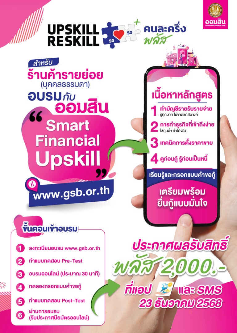 ออมสิน ขานรับนโยบายรัฐ “คนละครึ่ง พลัส” เปิดให้ร้านค้าอัพสกิลการเงินและดิจิทัล ผู้ประกอบการประเภทบุคคลธรรมดา เรียนหลักสูตรออนไลน์กับออมสินได้ตามเกณฑ์ รัฐมอบสิทธิ์พลัสสูงสุดรายละ 2,000 บาท