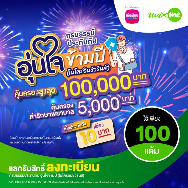 เมืองไทยประกันชีวิต จับมือ แมกซ์ โซลูชัน เซอร์วิส เพิ่มความอุ่นใจแก่สมาชิก Max Card ต้อนรับเทศกาลปีใหม่ ผ่าน “กรมธรรม์ประกันภัยอุ่นใจข้ามปี (ไมโครอินชัวรันส์)” รับสิทธิ์ความคุ้มครองชีวิตและค่ารักษาพยาบาลเนื่องจากอุบัติเหตุ สูงสุด 100,000 บาท