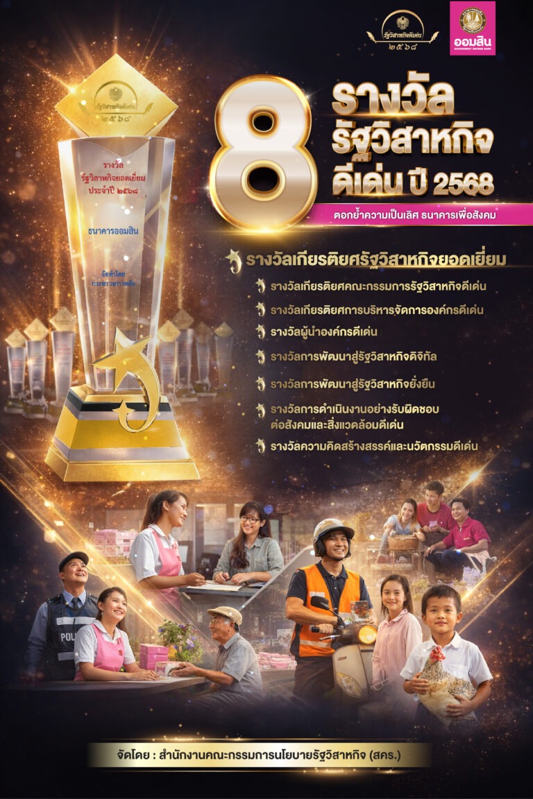 ออมสิน กวาด 8 รางวัล “รัฐวิสาหกิจดีเด่น” ปี 68 ผลงานดีสุดในประวัติศาสตร์ธนาคาร คว้าสุดยอดรัฐวิสาหกิจยอดเยี่ยม 3 ปีซ้อน และรางวัลเกียรติยศการบริหารจัดการองค์กรดีเด่นต่อเนื่องปีที่ 7 ตอกย้ำความเป็นเลิศธนาคารเพื่อสังคม