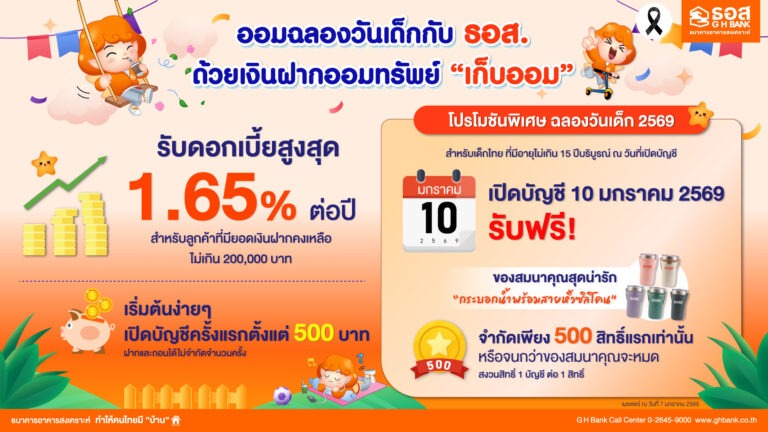 ธอส. ชวนออมฉลองวันเด็ก กับ เงินฝากออมทรัพย์ “เก็บออม” รับดอกเบี้ยสูงสุด 1.65% ต่อปี พิเศษ! เปิดบัญชีวันเสาร์ที่ 10 มกราคม 2569 รับของสมนาคุณฟรี