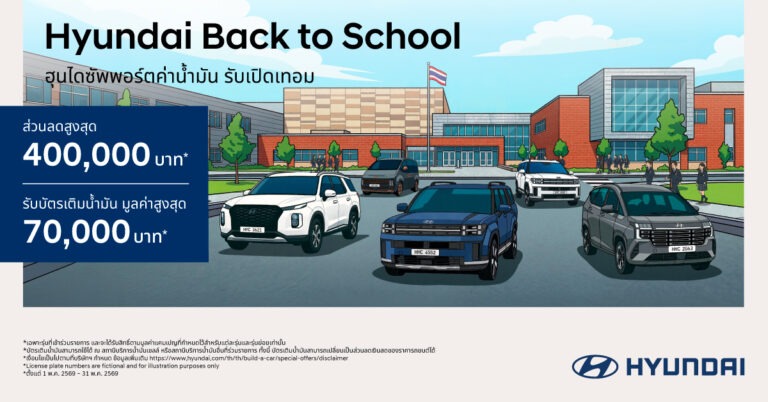 เปิดเทอมนี้คุ้ม x2! กับข้อเสนอ “Hyundai Back to School” ลดสูงสุด 400,000 บาท(1) แถมบัตรเติมน้ำมันสูงสุด 70,000 บาท(3)