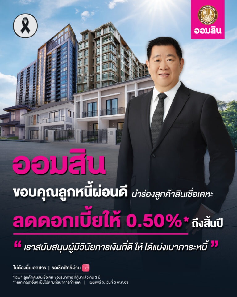 ออมสิน ดูแลลูกหนี้ผ่อนดี ประกาศลดดอกเบี้ยให้ 0.5% ถึงสิ้นปี สนับสนุนผู้มีวินัยการเงิน นำร่องลูกค้าสินเชื่อเคหะ ยืนยันรับสิทธิ์ได้ทันทีเมื่อได้รับแจ้งทาง MyMo ไม่ต้องยื่นเอกสาร