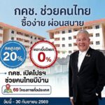 กคช. เปิดแคมเปญใหญ่ ลดสูงสุด 20% ครอบคลุม 69 โครงการ ราคาเริ่มต้น 250,000 บาท ผ่อนเริ่มต้น 900 บาท/เดือน