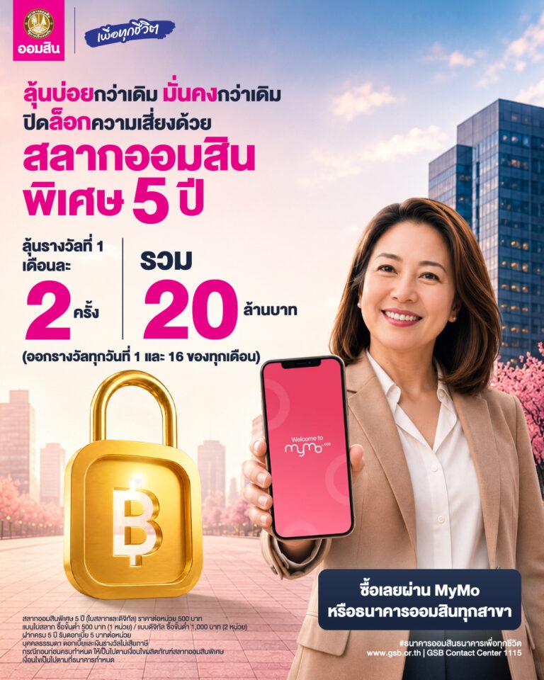 ออมสินชวนฝากเงินแบบมั่นคง 2 แบบ 2 สไตล์ “สลากออมสินพิเศษ 5 ปี” ได้ลุ้นรางวัลเดือนละ 2 รอบ รวม 120 รอบ กับ “เงินฝากออมสิน ออมสุข” ฝาก 3 ปี รับดอกเบี้ยทุกเดือนเทียบเท่าฝากประจำ 1.52% ต่อปี ไม่ต้องเสียภาษี