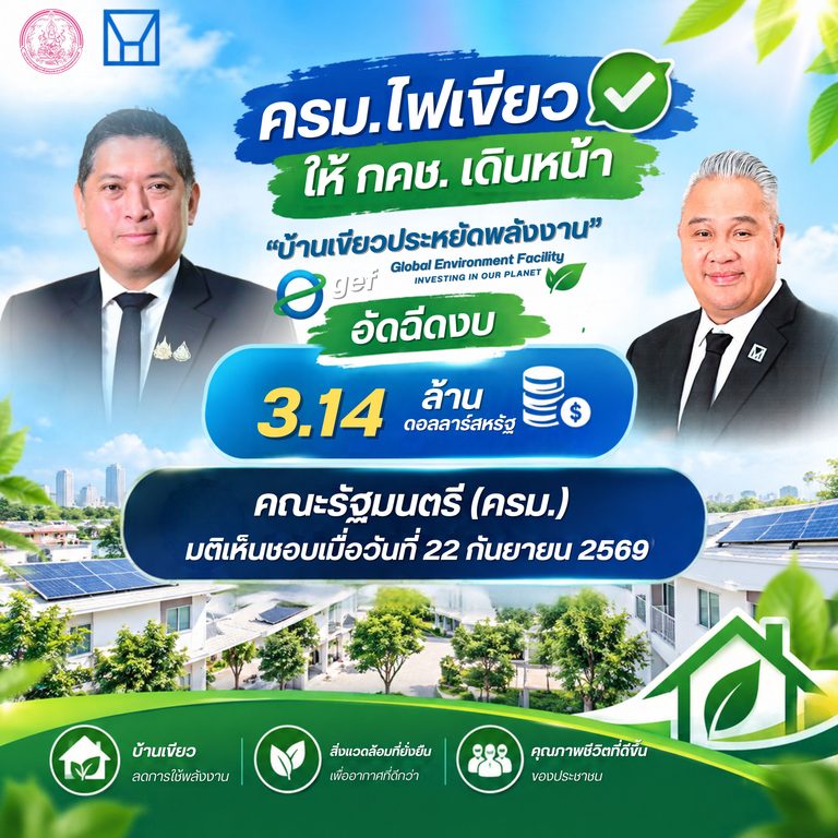 ครม.ไฟเขียว ให้ กคช. เดินหน้า “บ้านเขียวประหยัดพลังงาน” GEF อัดฉีดงบ 3.14 ล้านดอลลาร์สหรัฐ